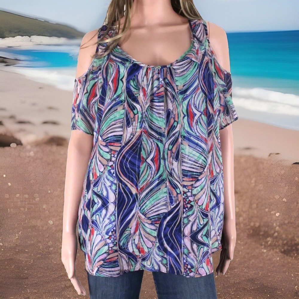 Anthropologie Ella Moss Silk Blouse Size M Cold Shoulder COLORFUL‎